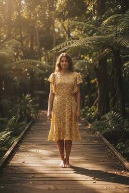 Max Studio Yellow Floral Ruffle Sleeve Midi Dress